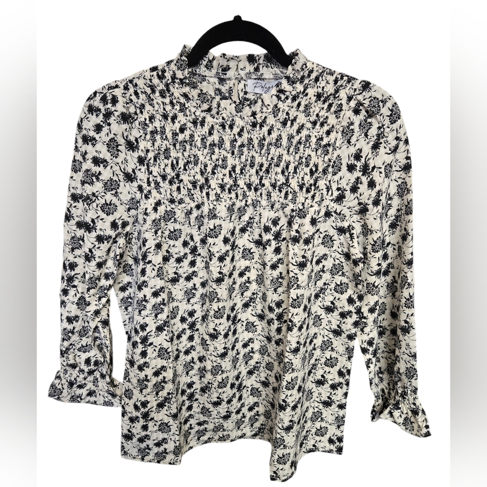 Women's 3/4 Sleeve Smock Mock Neck Black White Floral Blouse Top Size Medium NWT